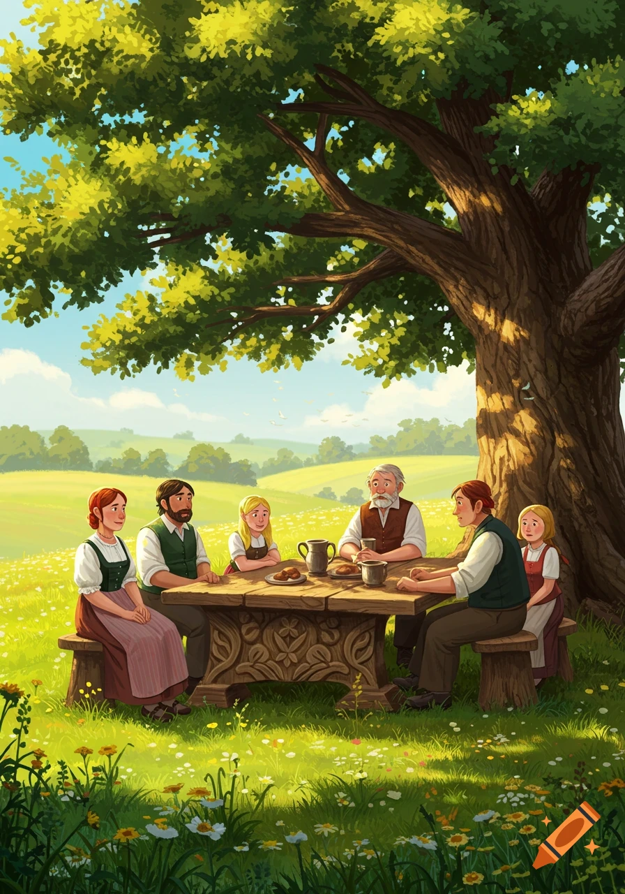 An illustrated family of six, including children and an elderly man, have a picnic under a large tree in a sunny, flower-filled field.