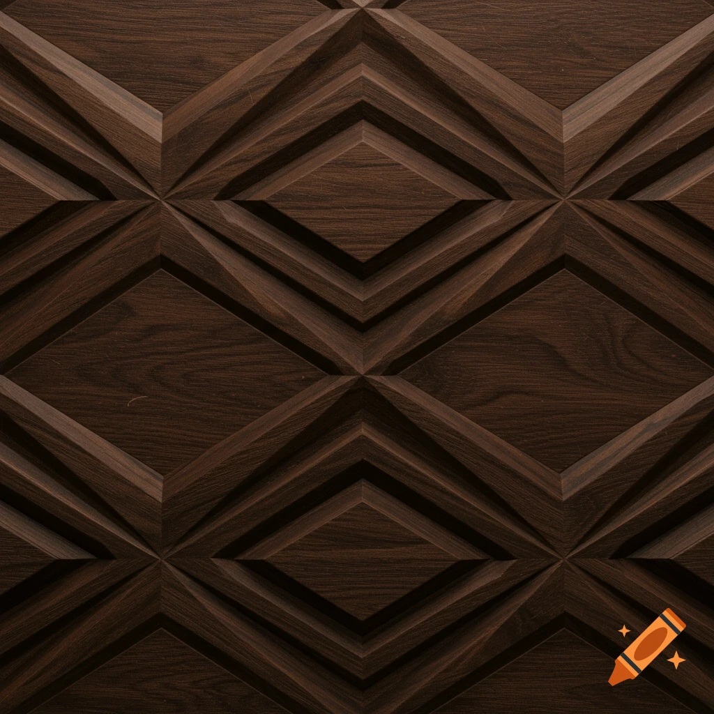 A dark brown wooden surface with a repeating 3D geometric pattern of diamonds and zig-zag lines.