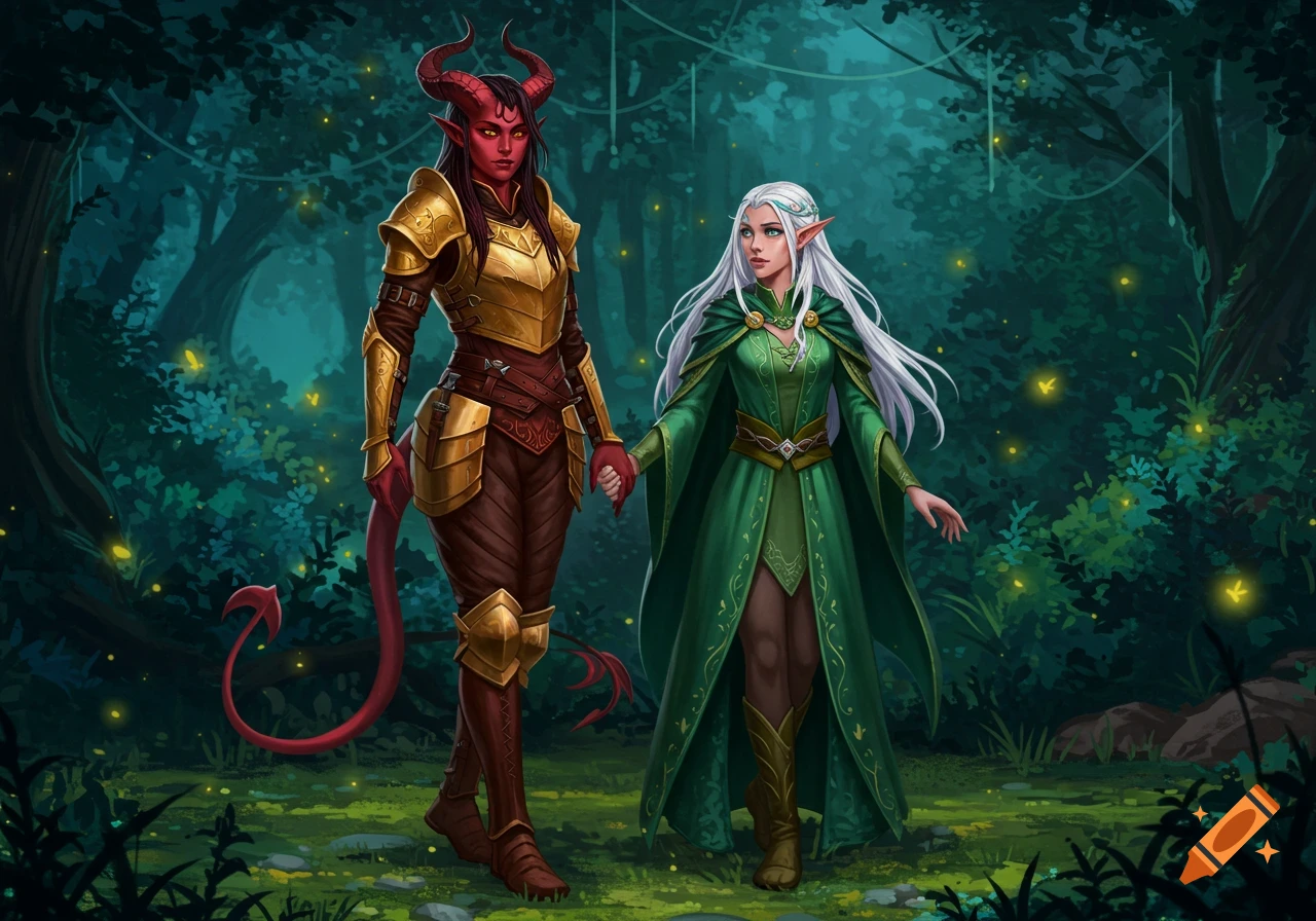 A female tiefling in gold armor and a female elf in green robes hold hands while walking through an enchanted forest with fireflies.