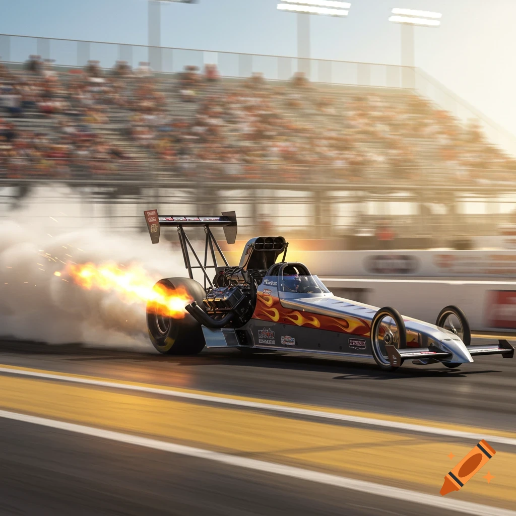 A silver drag racing car with flames spewing from its exhaust speeds down a track, with smoke and a blurred stadium in the background under a sunny sky.