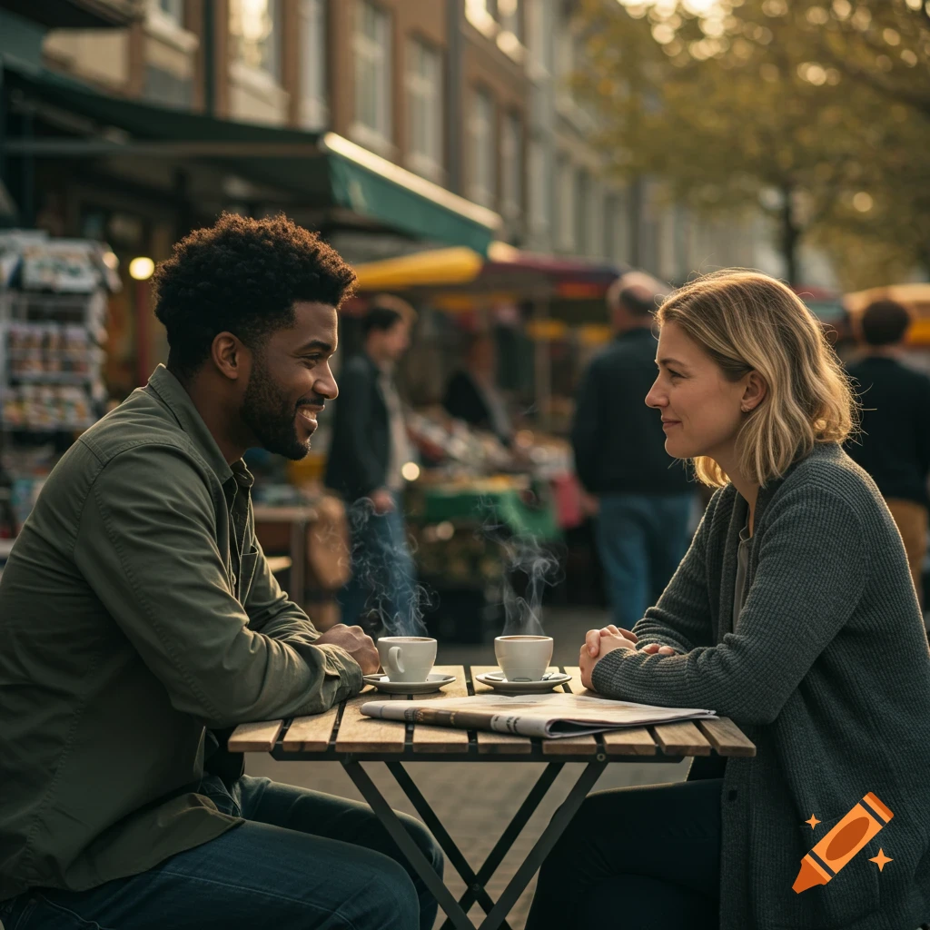 Photorealistic image of a smiling couple having coffee at an outdoor cafe with a bustling market in the background.