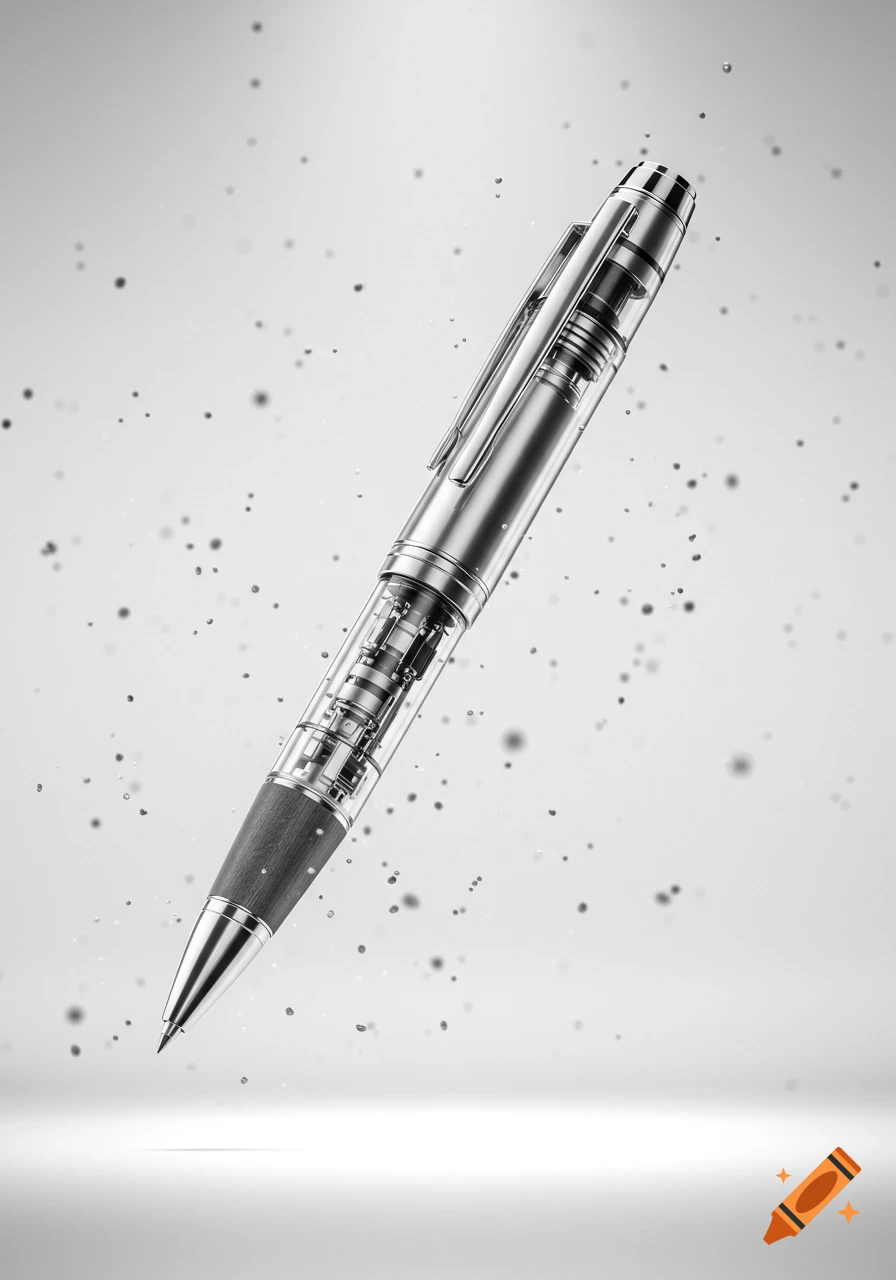 A modern, metallic and transparent pen with visible inner mechanisms, floating against a light grey background with tiny particles.