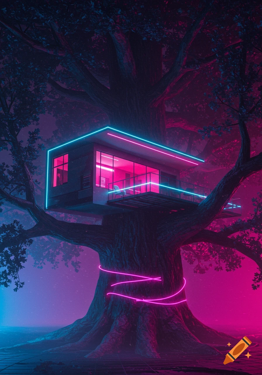 A modern treehouse with pink and blue neon lights built into a large, gnarled tree, against a dark, misty synthwave background.