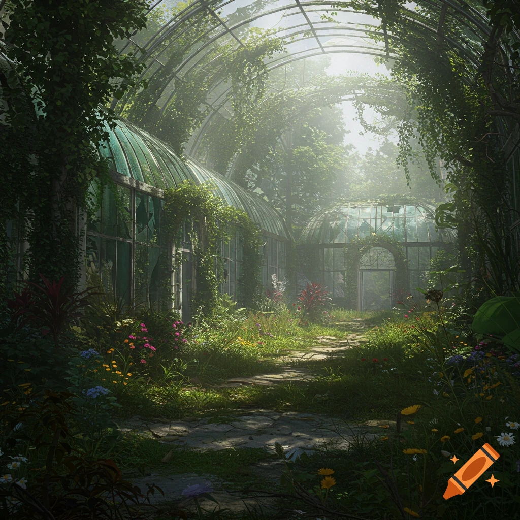 An overgrown, abandoned Parisian botanical garden greenhouse with sunlight filtering through the glass and dense foliage.