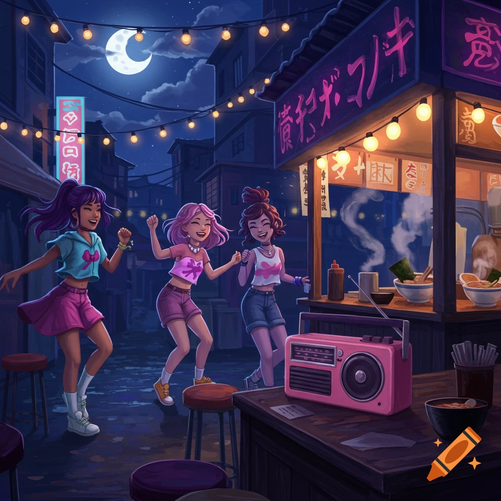 Three young women dance excitedly on a wet street at night, with a pink radio on a ramen stall counter and a large moon in the sky, anime style.