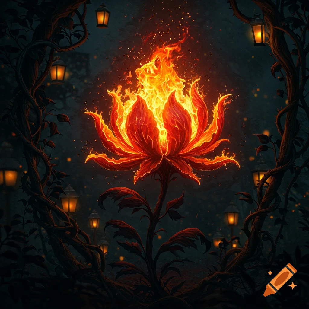 A dark, glowing fiery flower blooms in a mystical forest surrounded by vines and illuminated by many small lanterns.