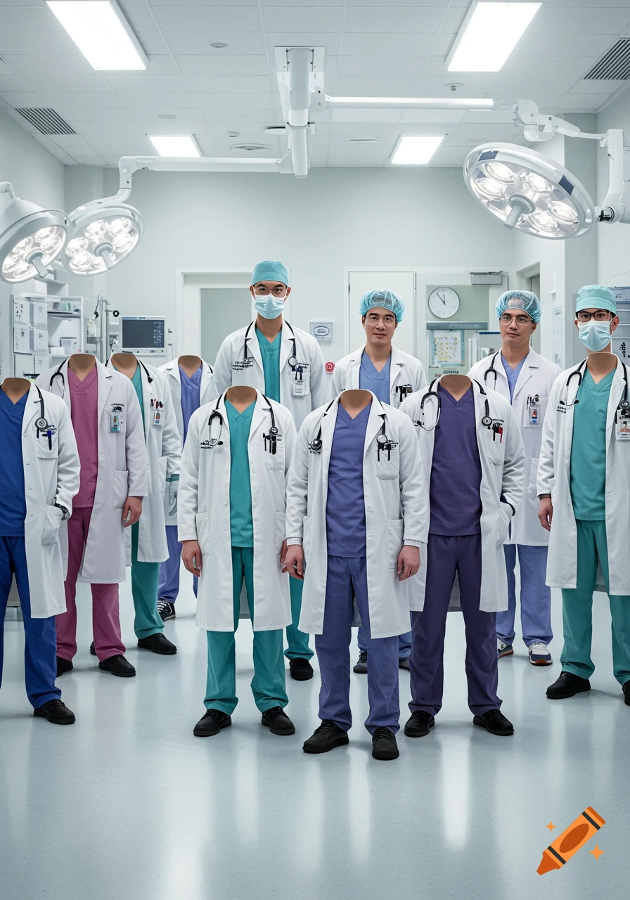 A group of headless doctors in medical scrubs and lab coats stand in a hospital operating room.
