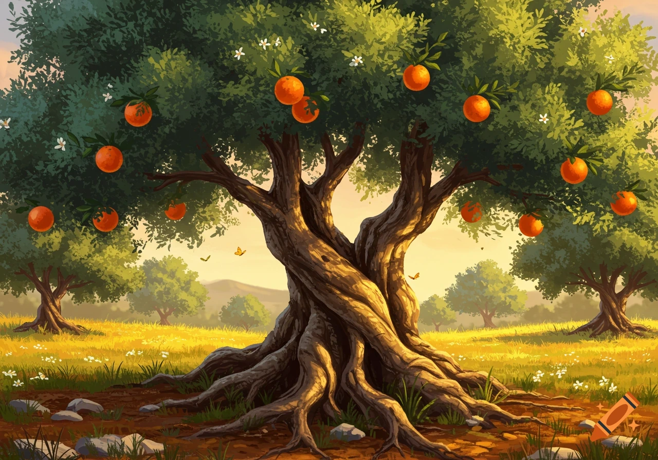 A digital illustration of an old, gnarled orange tree with ripe fruit in a sunny field with white flowers, distant trees, and mountains.