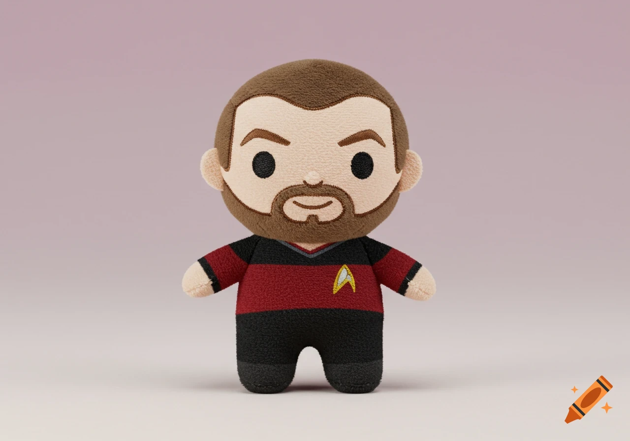 A cute, stylized plush toy resembling William Riker from Star Trek, with a brown beard and red and black uniform.
