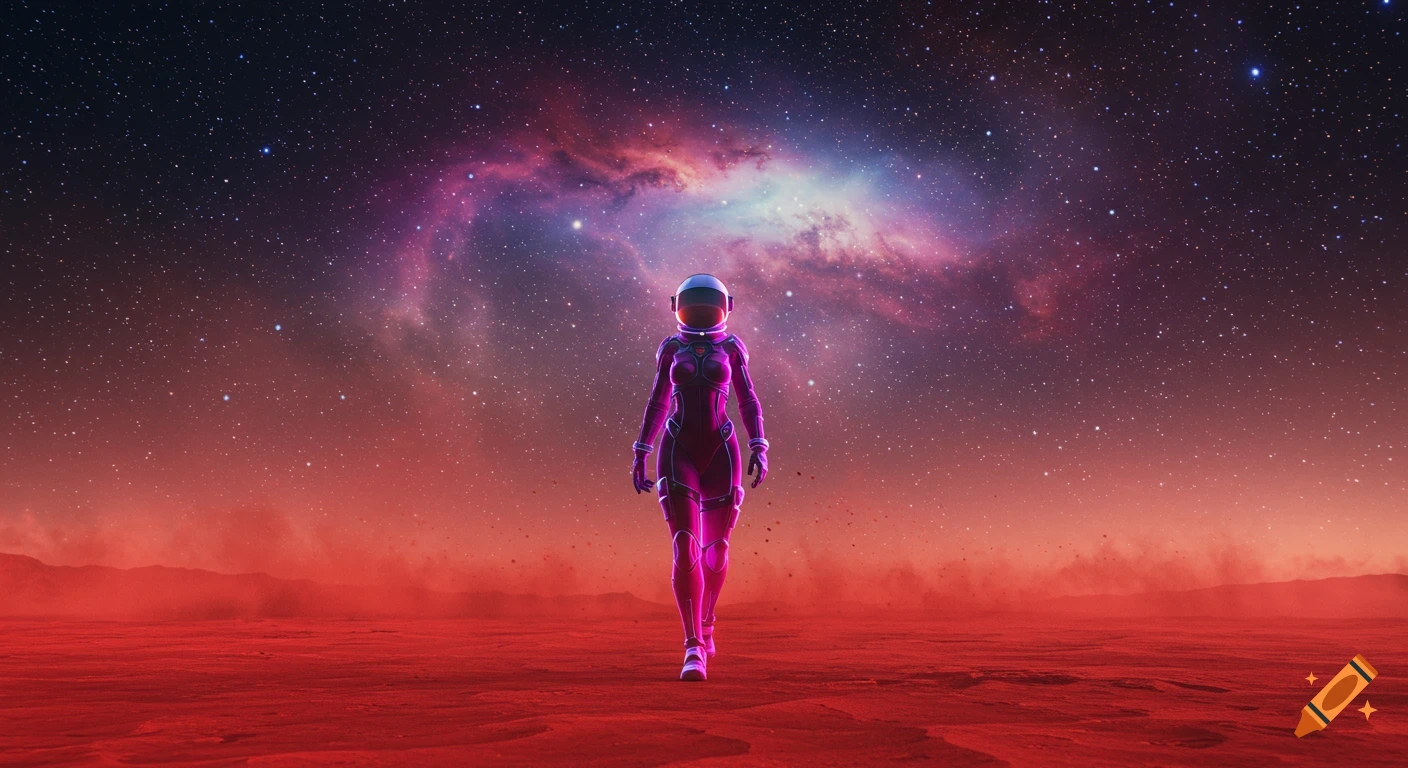 A female astronaut in a glowing purple suit walks on a red Martian surface under a vibrant nebula and starry sky, synthwave digital art.