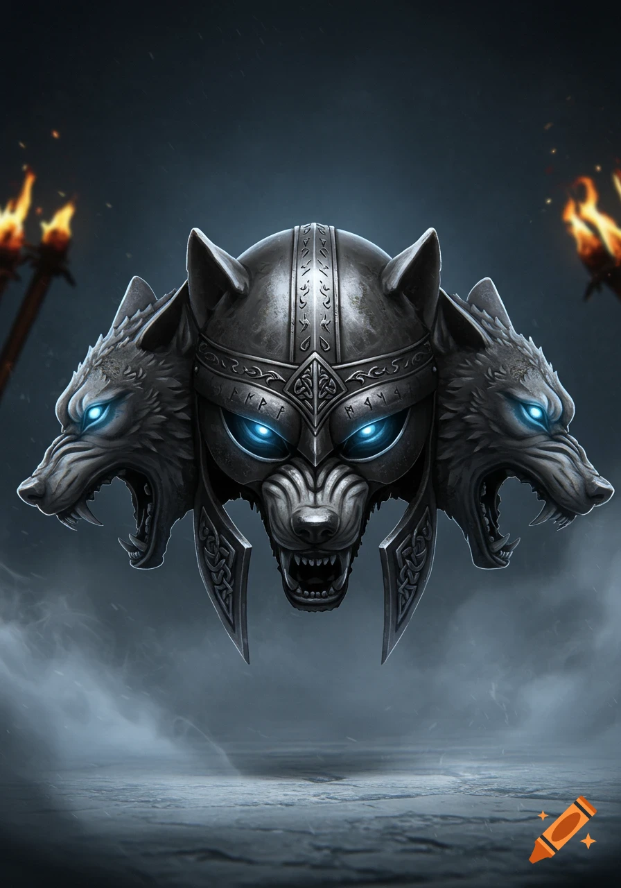 A stylized three-headed wolf helmet with glowing blue eyes on a dark, smoky background with torches.