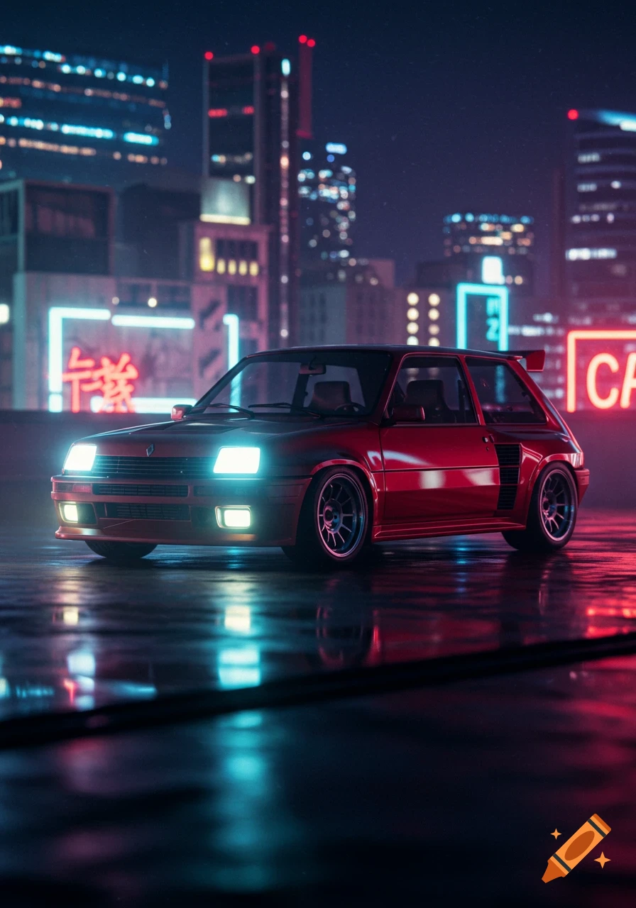 A red sports car, a mashup of a Renault R5 Turbo and a Toyota GR Corolla, parked on a wet street in a neon-lit city at night, with reflections on the ground.