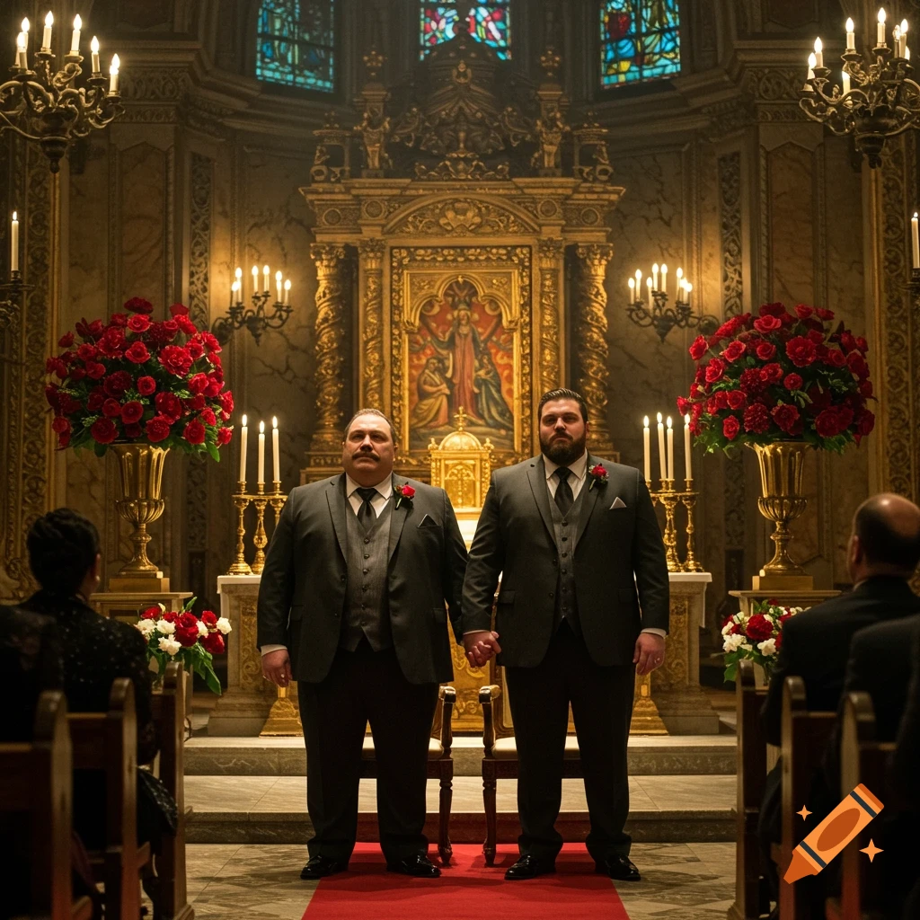 Two men in suits hold hands at their wedding ceremony in a richly decorated church, surrounded by candles and large bouquets of red roses.