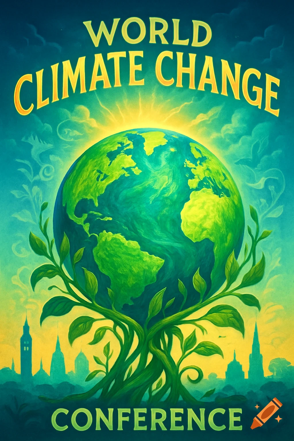 A vibrant poster for the 'WORLD CLIMATE CHANGE CONFERENCE' featuring Earth cradled by plant roots above a city silhouette.