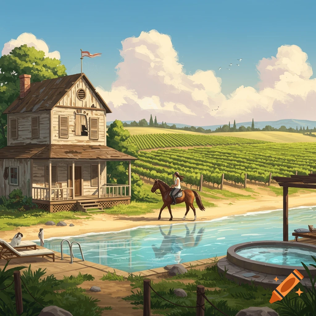 Illustration of a wooden beach house, pool, and spa with a person riding a horse by a vineyard under a blue sky.
