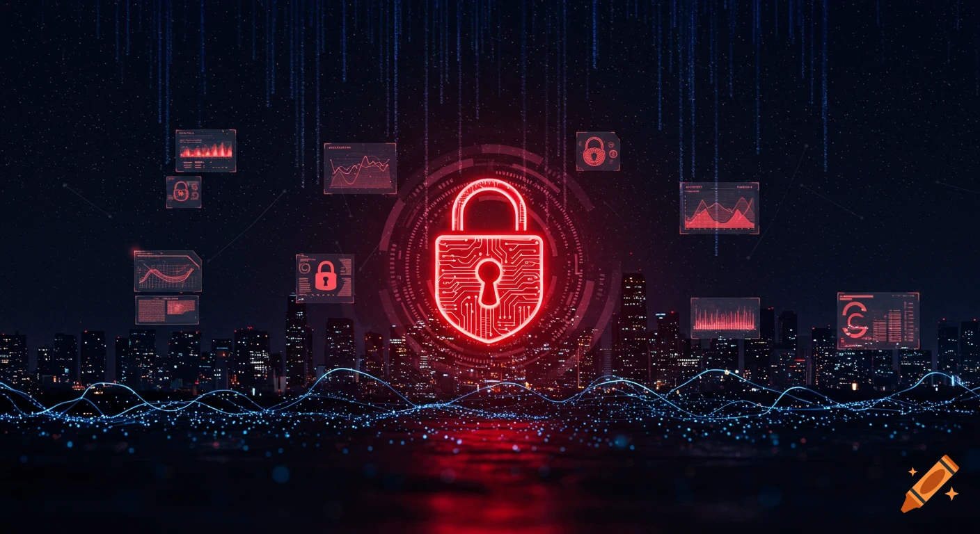 A glowing red padlock icon over a futuristic city skyline with digital data streams, charts, and graphs, representing cybersecurity.