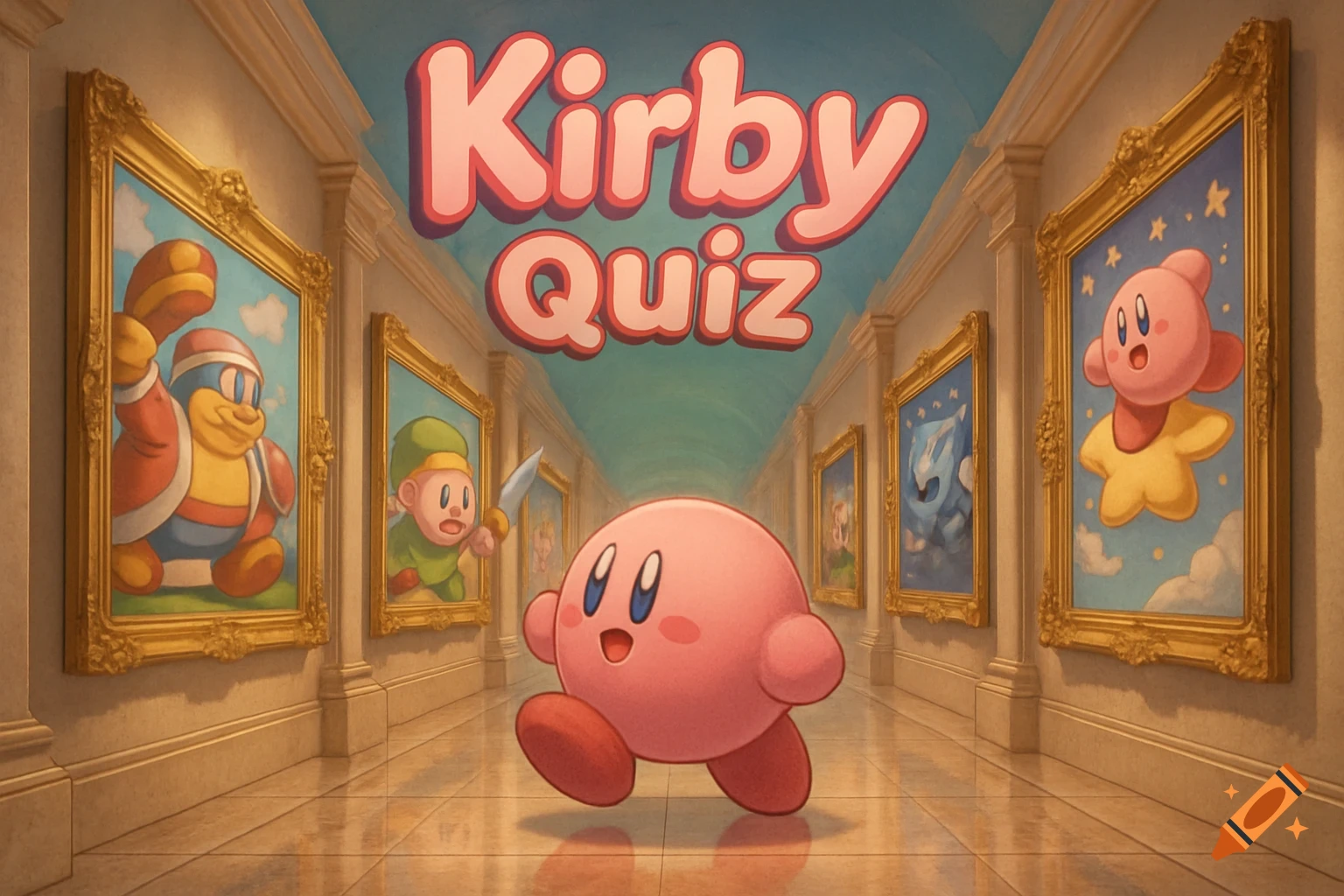 Kirby walks through a museum gallery with paintings of characters like King Dedede and a Link-like figure. "Kirby Quiz" text above.