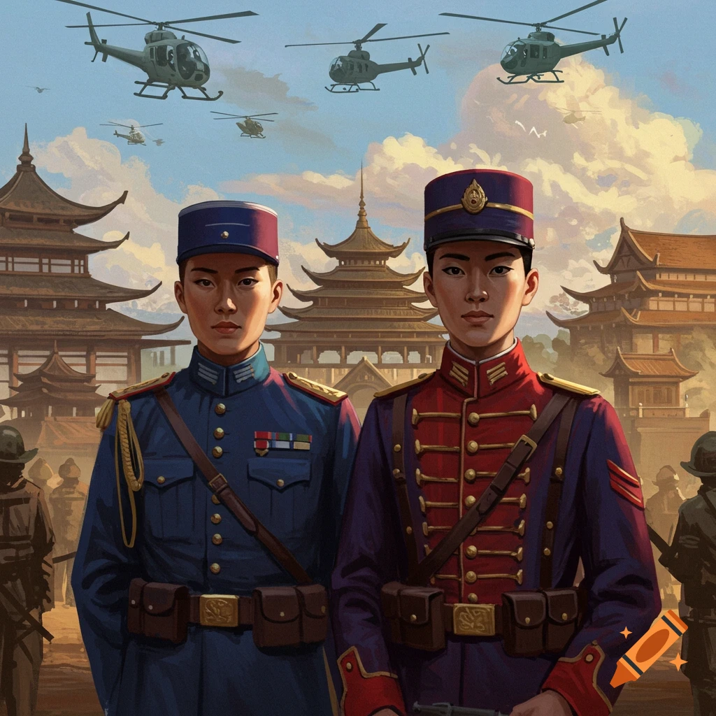 Two Asian soldiers in blue and red uniforms stand before traditional Asian pagodas and temples, with military helicopters flying in a cloudy sky above.