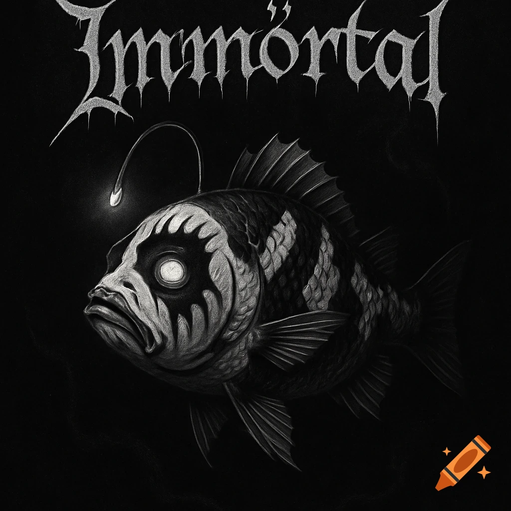 Grayscale illustration of an anglerfish with black metal corpsepaint and the word 'Immörtal' in a black metal font.