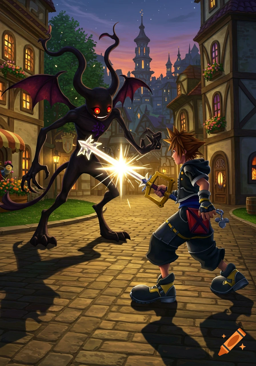 Sora from Kingdom Hearts fights a shadowy Heartless monster with his Keyblade on a cobblestone street in Twilight Town at dusk.
