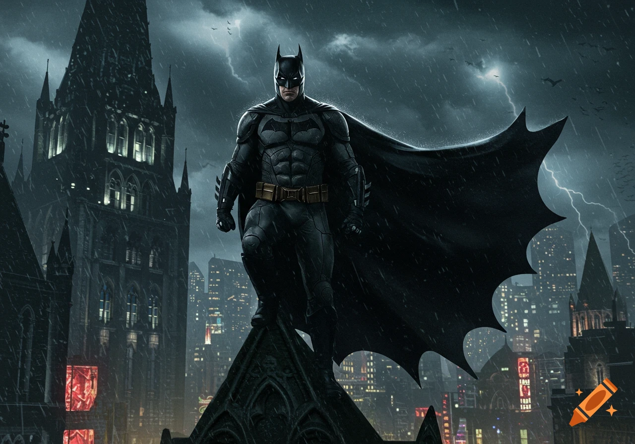Batman stands atop a gothic building, cape flowing, in a rainy, stormy Gotham City with lightning, dramatic style.