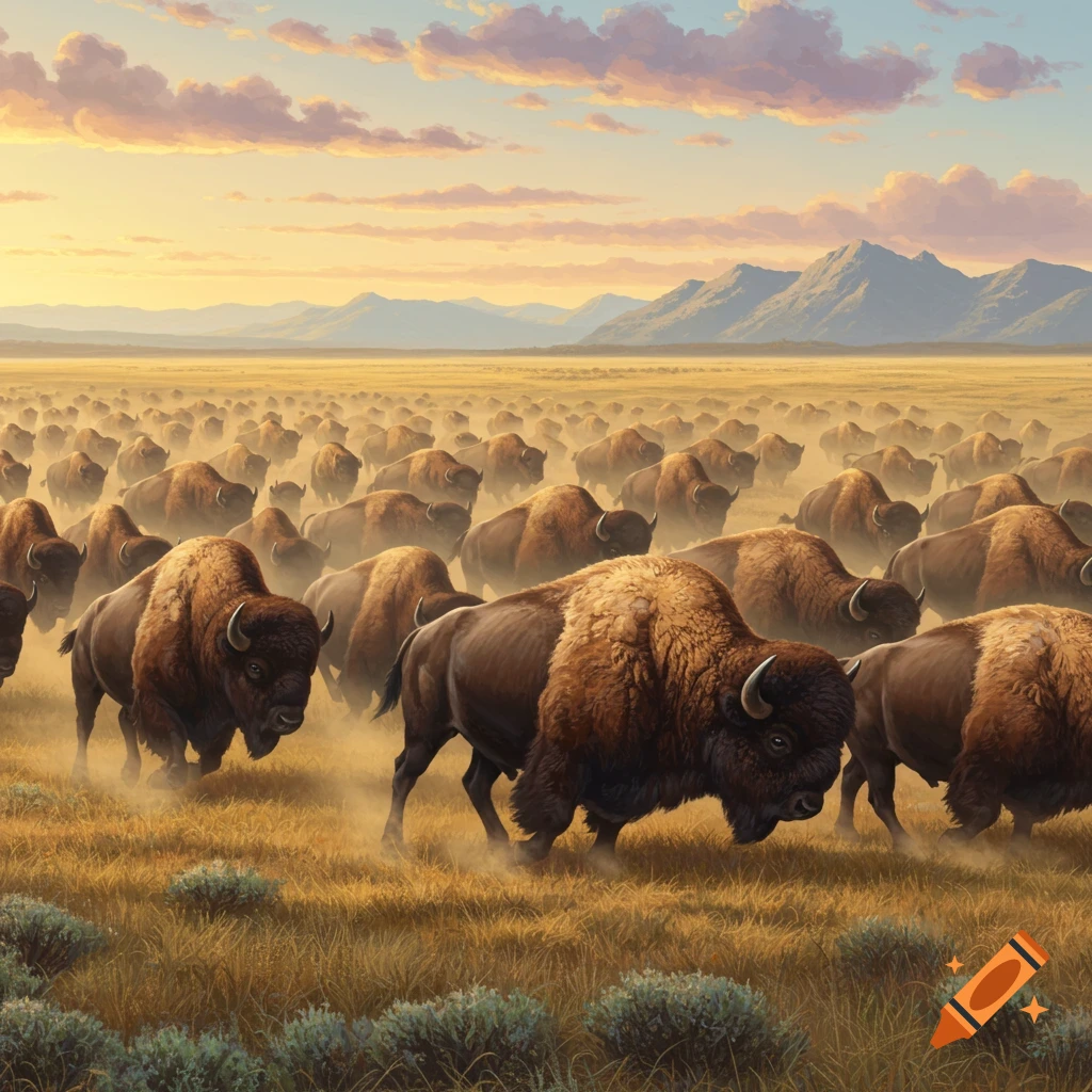 A vast herd of bison stampedes across a golden grassy plain, kicking up dust, under a dramatic sunset sky with distant mountains.