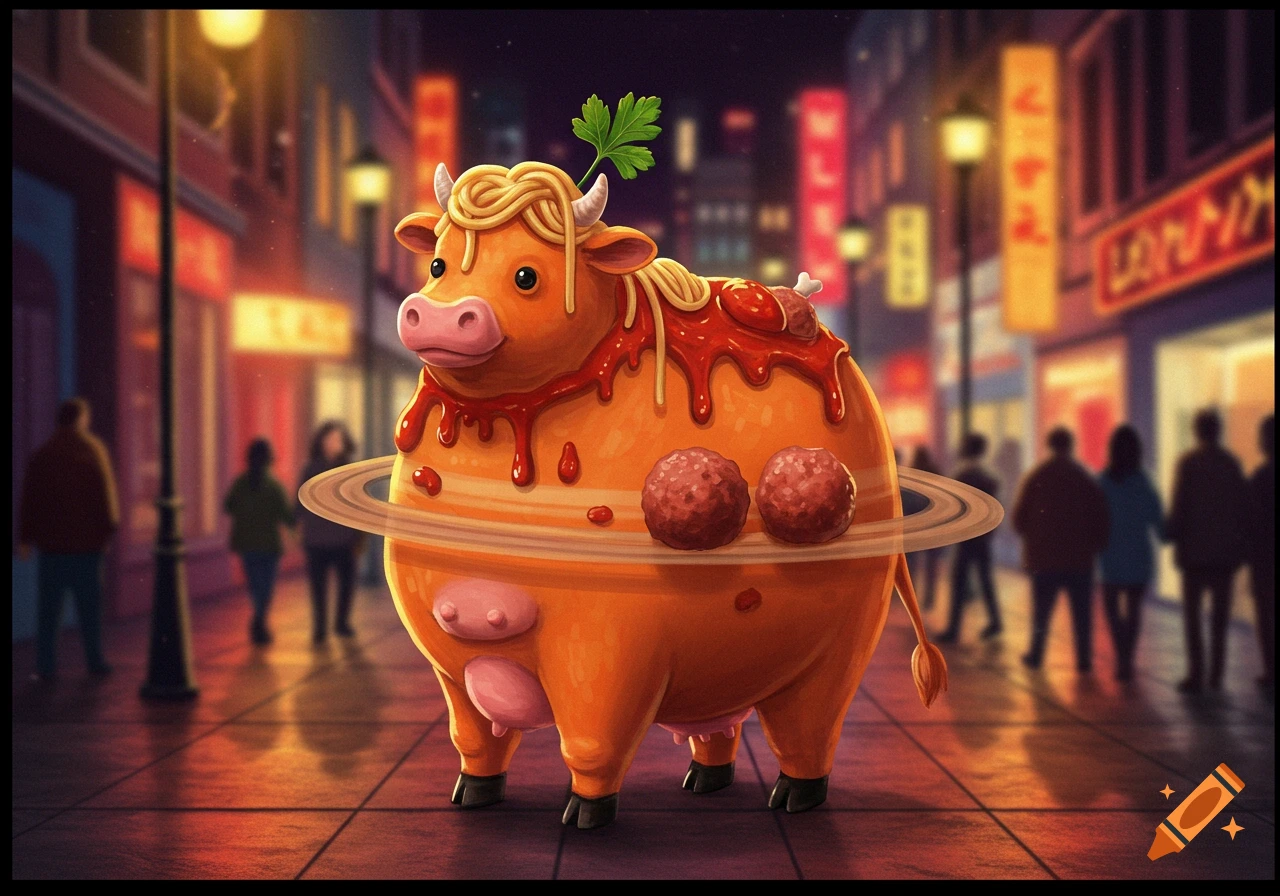 A whimsical, cartoonish, orange cow-like creature with spaghetti hair, a parsley leaf, tomato sauce, a Saturn-like ring, and two meatballs walks a city street at night, in a painterly style.