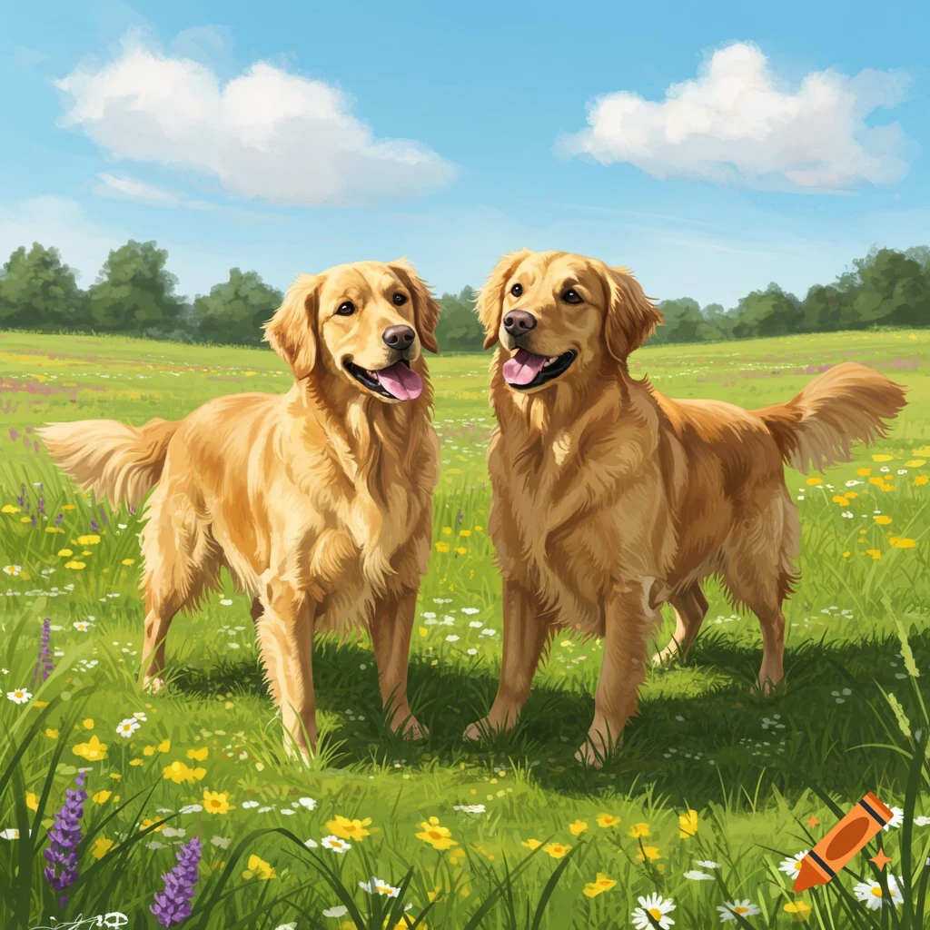 Two Golden Retrievers in a vibrant wildflower meadow under a blue sky, illustration.