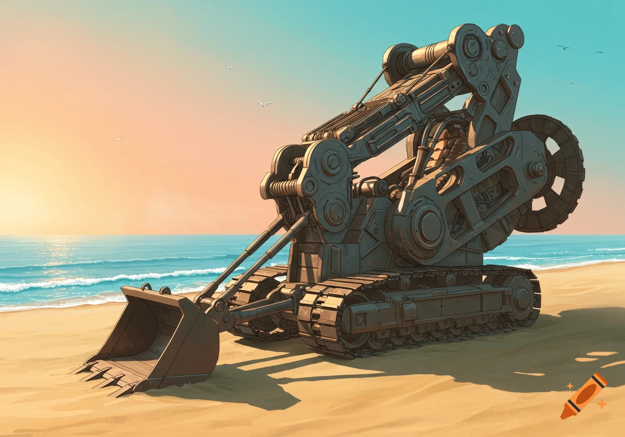A large, stylized excavator with intricate mechanical details sits on a sandy beach, facing the ocean under a pastel sunrise or sunset sky.