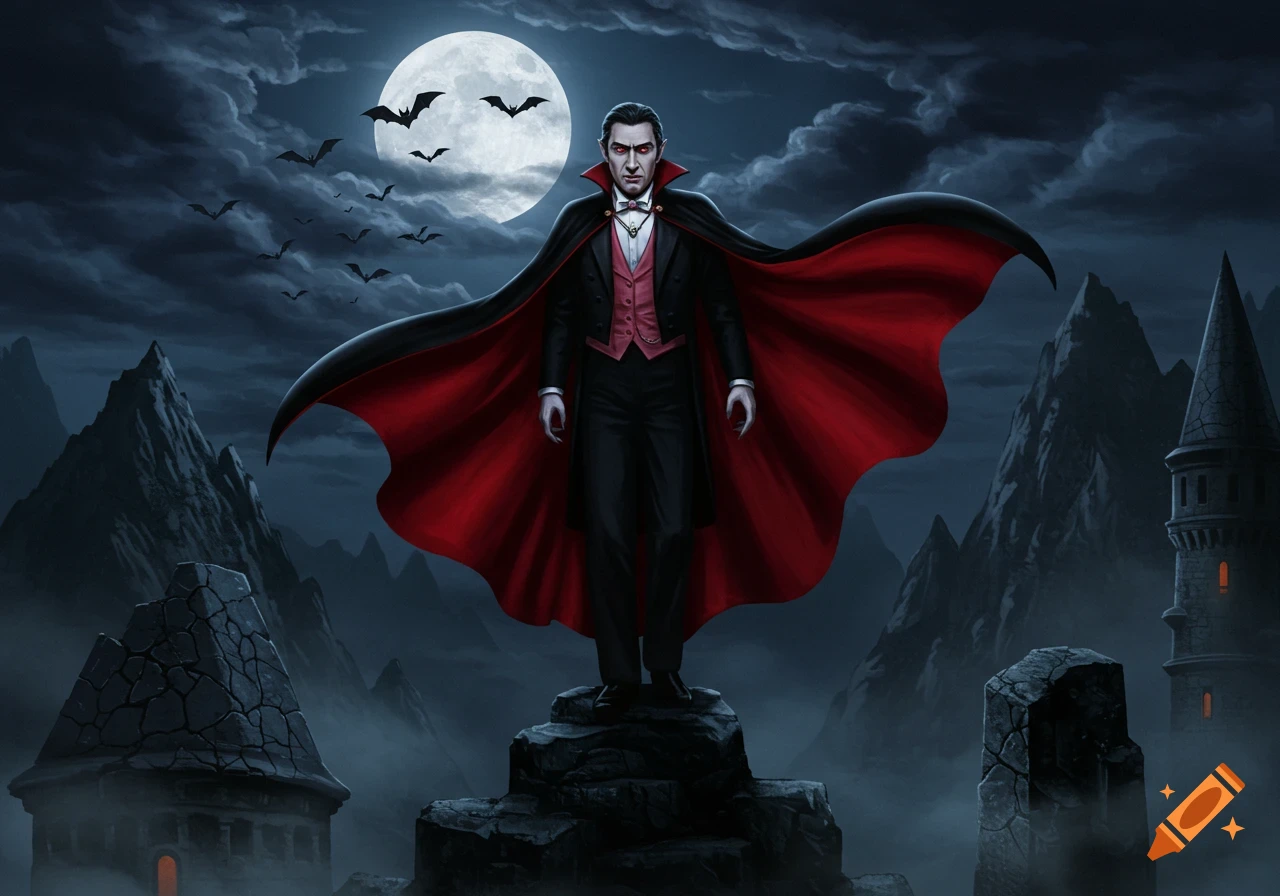 A regal vampire in a red-lined cape stands on a rocky peak, bats fly under a full moon over a Gothic landscape.