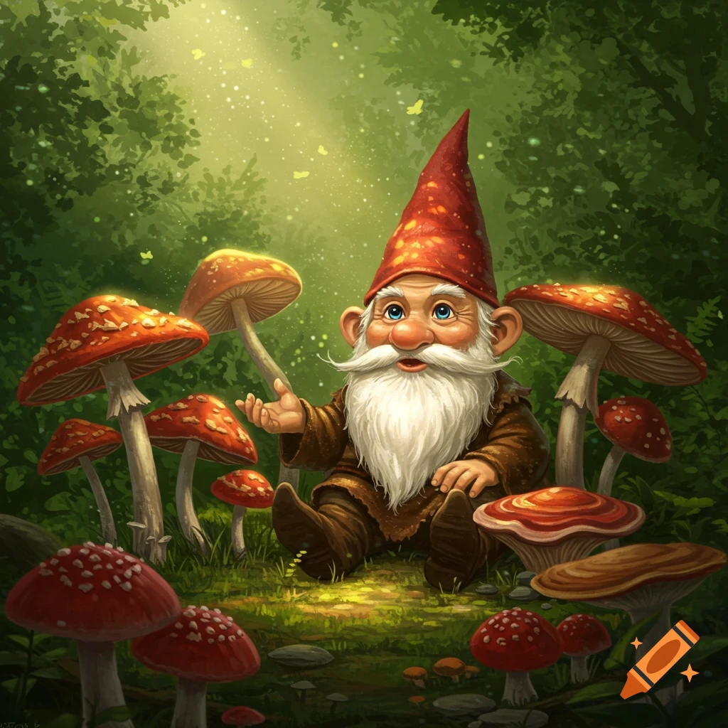 An illustrated elder gnome with a white beard and red hat sits among red and white mushrooms in a vibrant, sunlit forest.