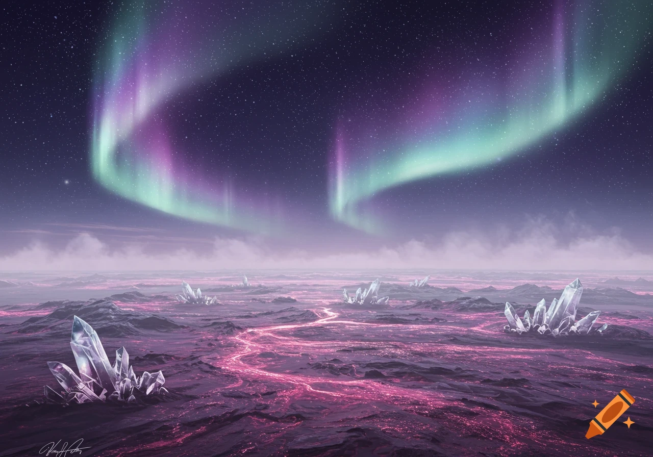 Vibrant purple and green aurora borealis lights up a starry night sky over a dark landscape with glowing pink liquid and large crystals.