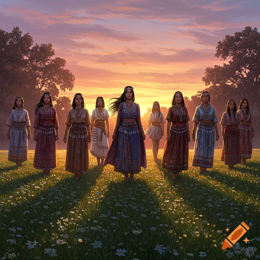 A group of women in colorful traditional dresses stand in a field of wildflowers at sunset.