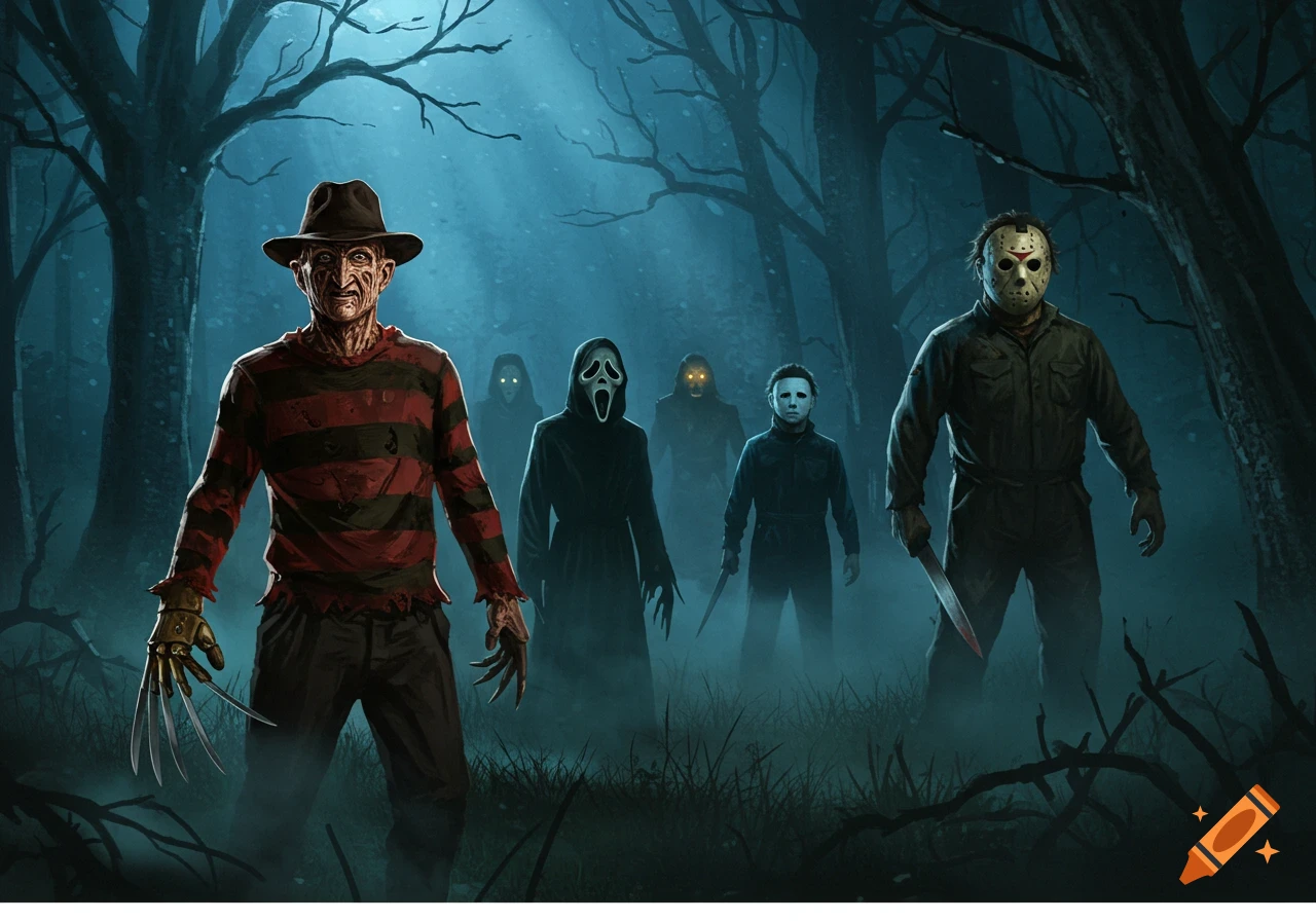 Illustration of Freddy Krueger, Ghostface, Michael Myers, and Jason Voorhees standing in a dark, misty forest.