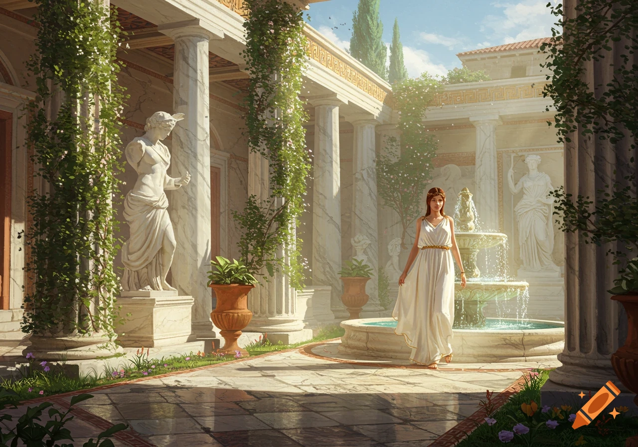 A woman in a white dress walks through a sunlit ancient Greek courtyard with marble pillars, statues, and a fountain.
