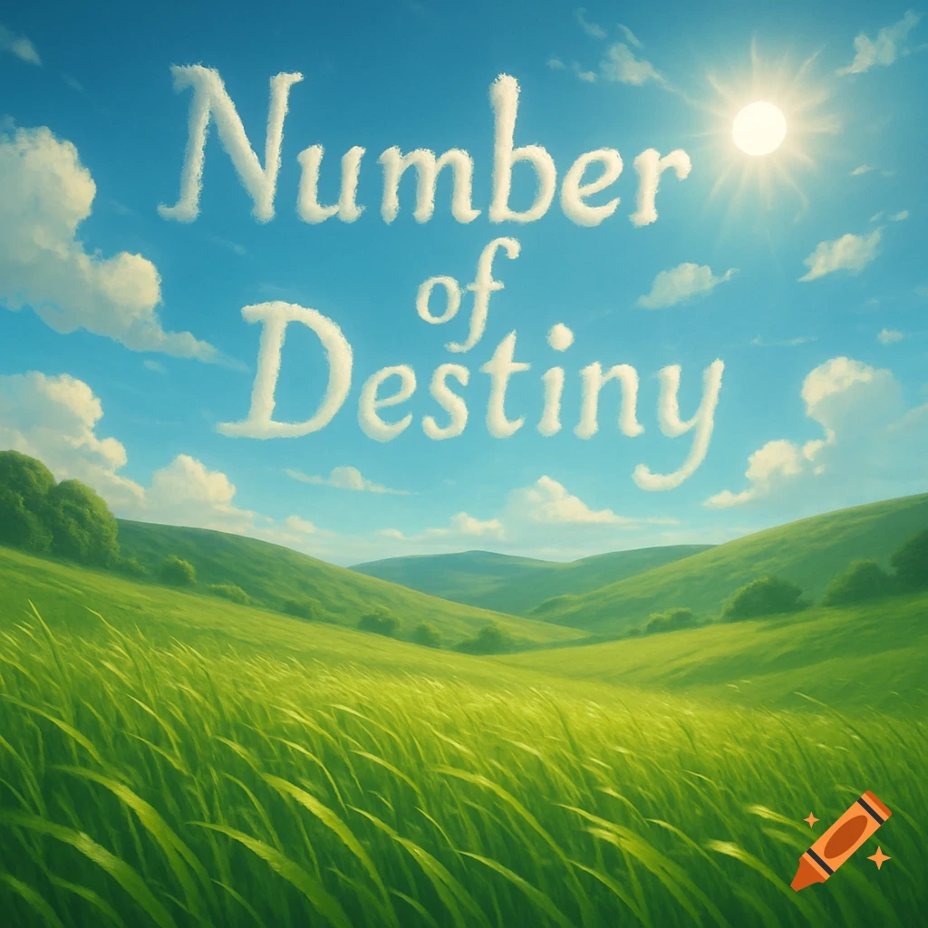 Lush green rolling hills under a bright blue sky with the words 'Number of Destiny' formed by white clouds.