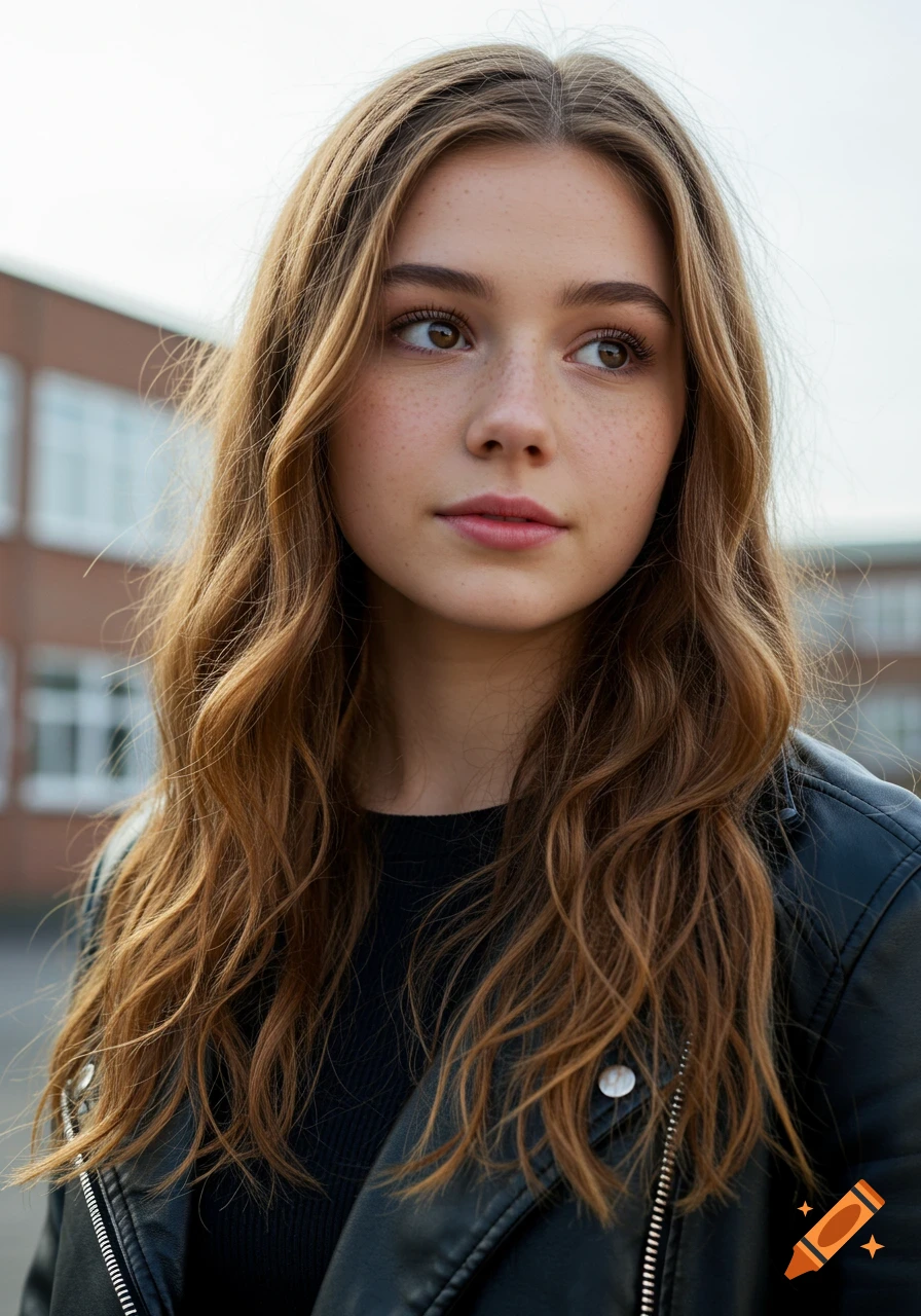 Photorealistic portrait of a young woman with long wavy brown hair and freckles, wearing a black leather jacket, looking right, with a blurred building in the background.