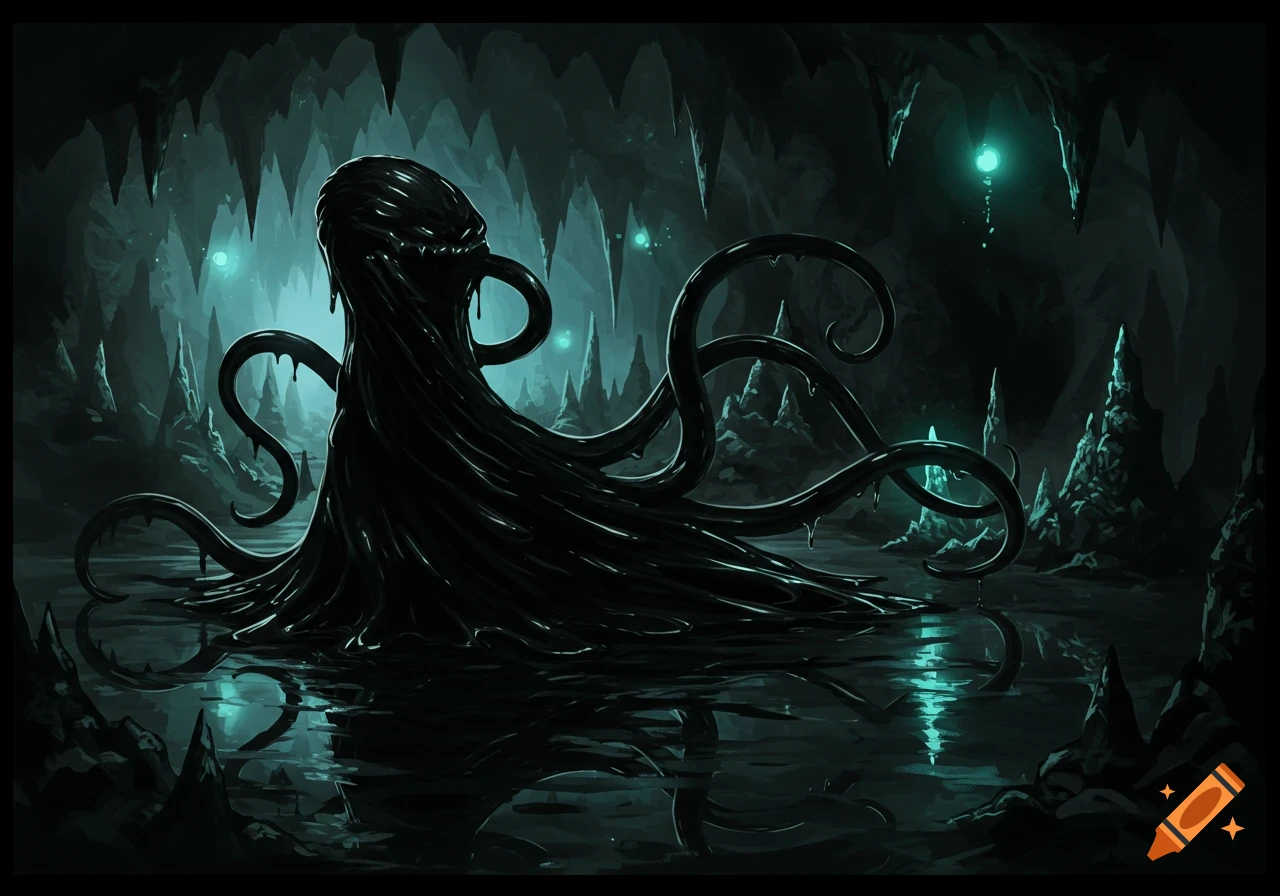 A dark fantasy illustration of a black, slimy, tentacled monster in a glowing cyan-lit cave.