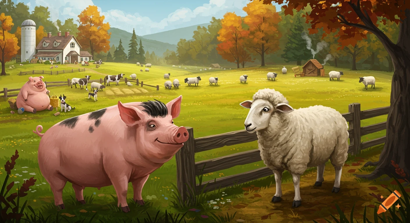 Cartoon farm scene with a pig and a sheep by a fence, a farmhouse, and other animals in an autumn landscape.