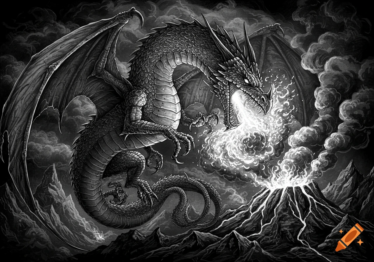 Black and white drawing of a large dragon breathing fire into a volcanic crater amidst dark clouds.