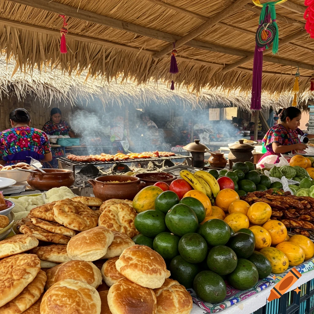A vibrant market scene with fresh avocados, papayas, and baked goods in the foreground, with women grilling food under a thatched roof in the background.
