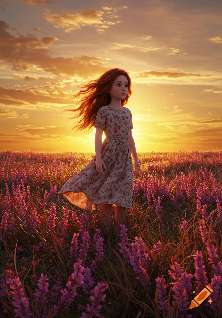 A stylized young girl with red hair blowing in the wind stands in a vibrant purple flower field at sunset.