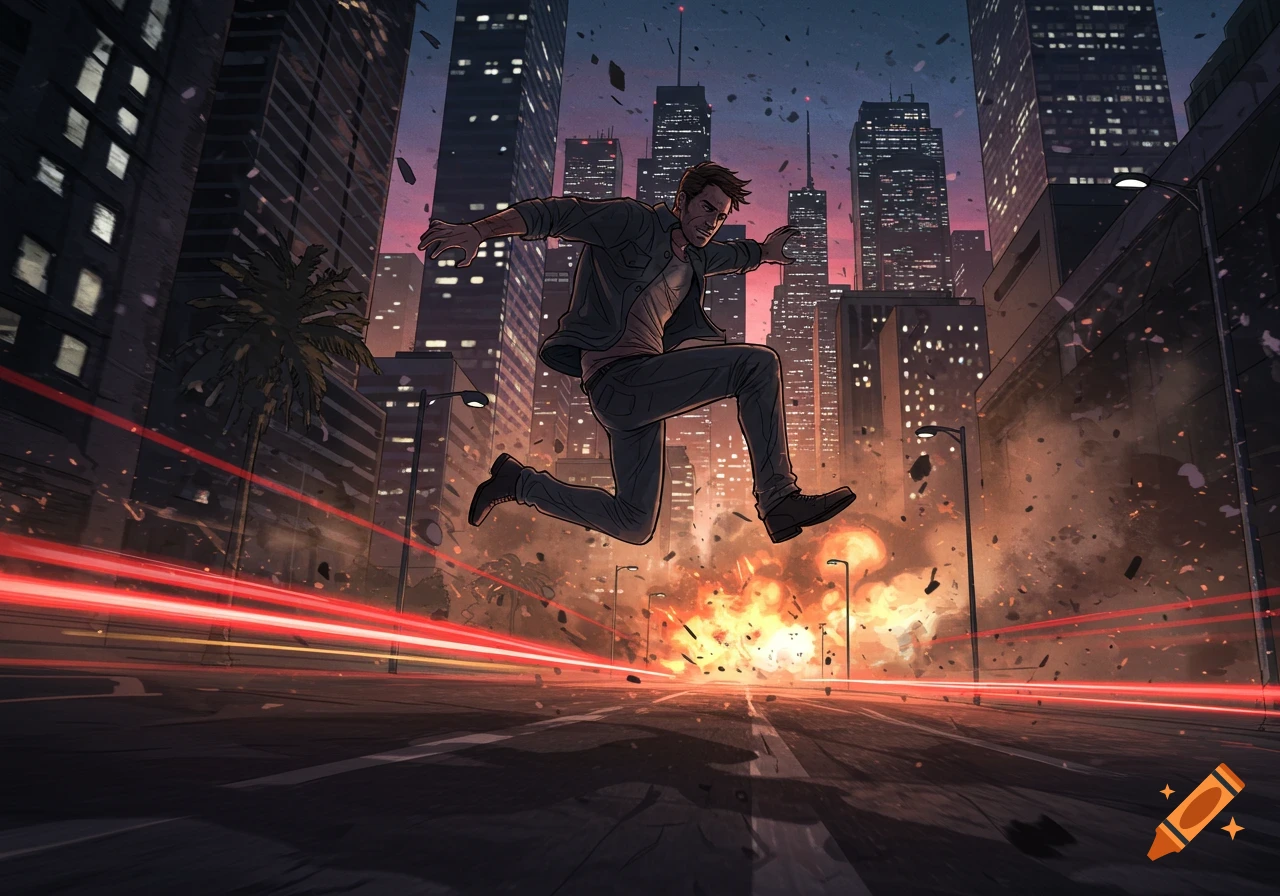 A man leaps over a street explosion in a bustling city with glowing red trails, rendered in a dynamic comic book art style.