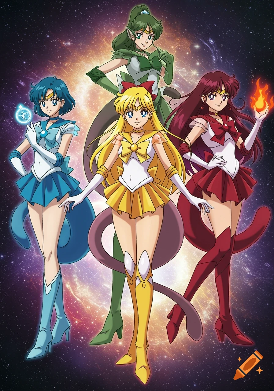 Anime characters Sailor Mercury, Venus, Mars, and Jupiter in Mewtwo-inspired costumes, standing against a starry cosmic background.