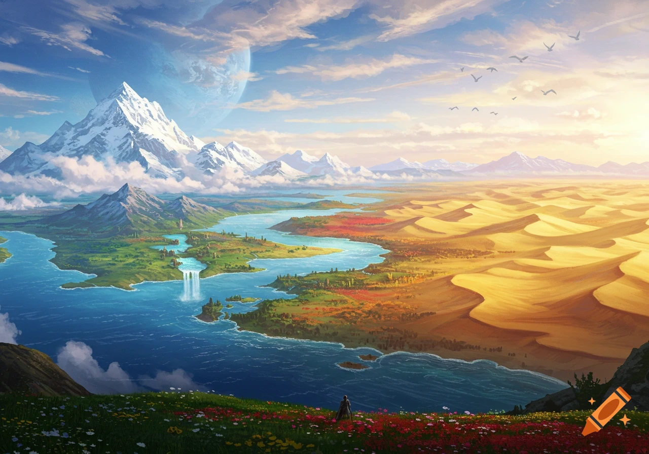 A person stands on a flowery hill overlooking a vast fantasy landscape with a river, lush plains, desert dunes, snow-capped mountains, and a large planet in the sky.