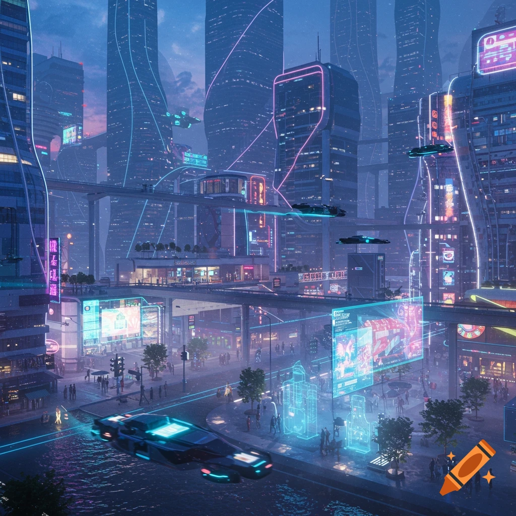 A vibrant, neon-lit futuristic city at dusk, with towering skyscrapers, elevated roadways, flying vehicles, and bustling streets below, in a 3D rendered style.