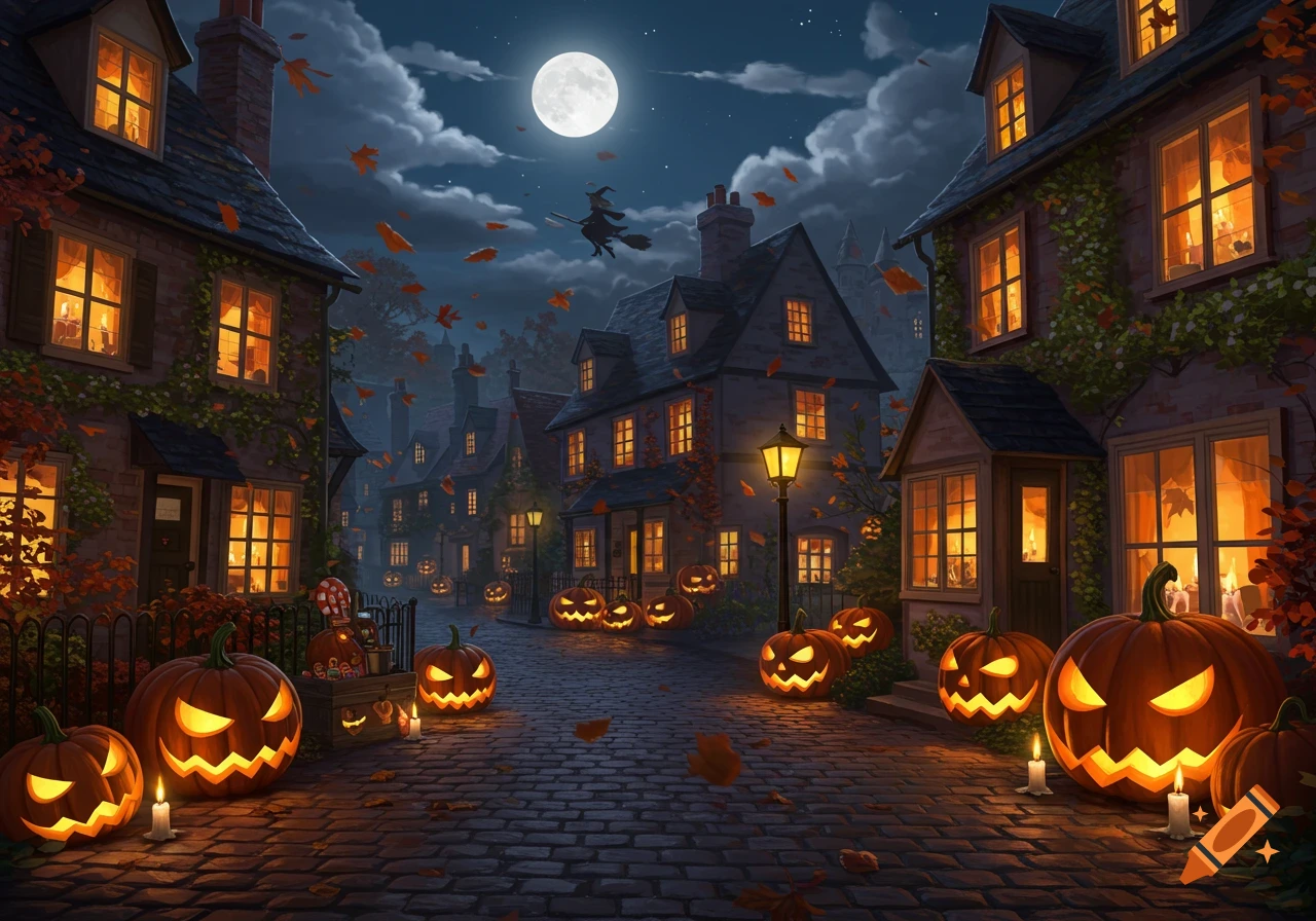 A full moon illuminates a cobbled village street lined with glowing jack-o'-lanterns and old houses, with a witch flying in the night sky.