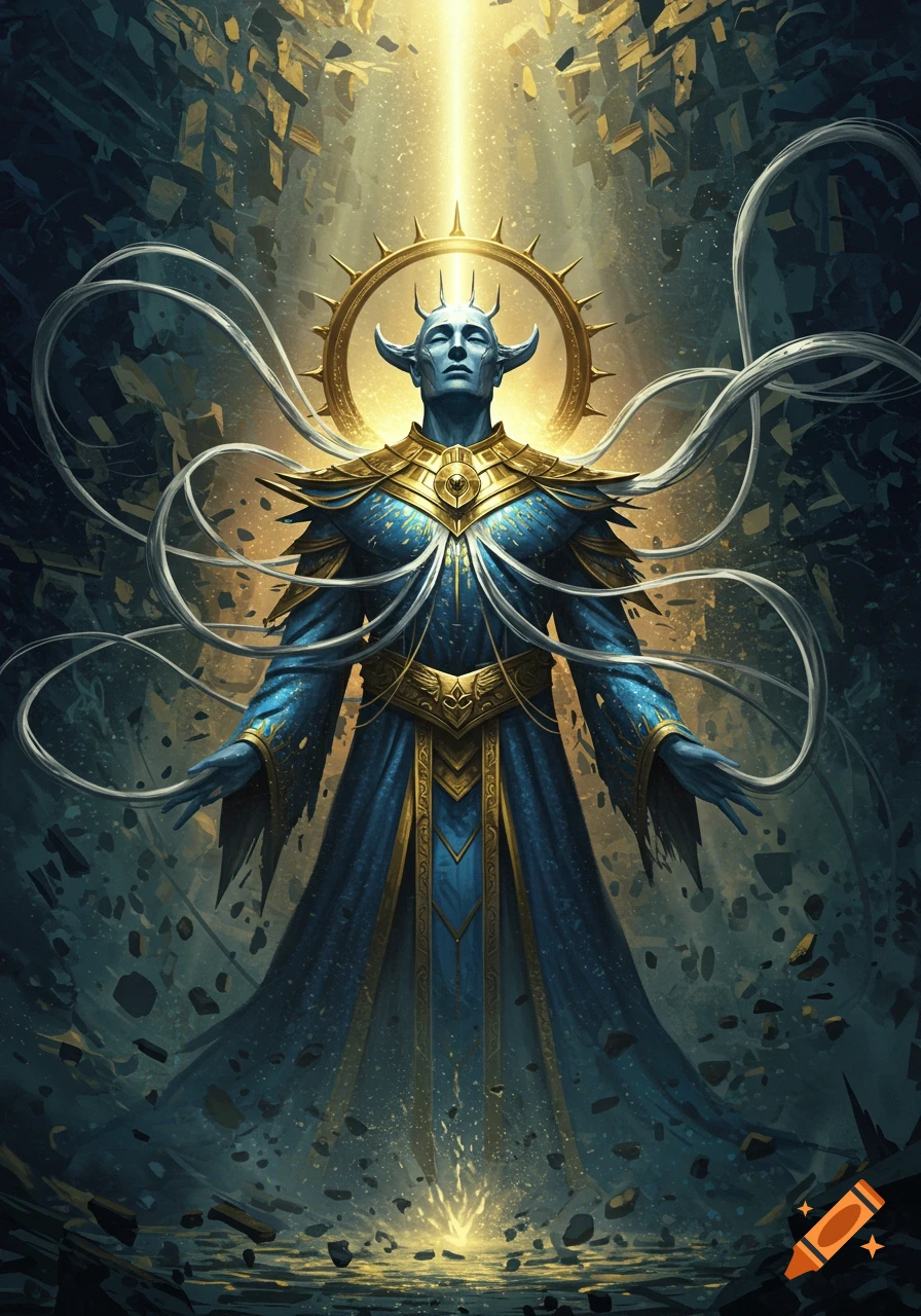 A majestic, blue-skinned, god-like figure with horns and a golden halo, wearing ornate blue and gold robes, stands amidst crumbling structures with divine light.