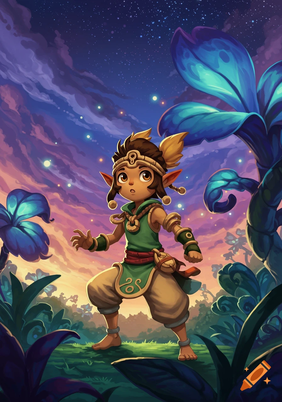 A small, wide-eyed fantasy character with brown skin and pointy ears stands in a vibrant magical forest at twilight.