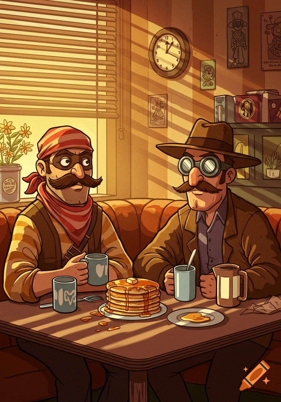 A comic art illustration depicts two mustachioed men, dressed as bandits, eating pancakes and drinking coffee in a diner booth.